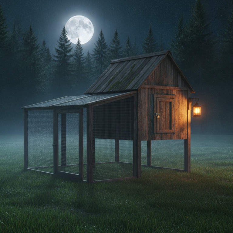 A rustic wooden chicken coop with the pop door closed, hardware cloth over the run, and a full moon rising above pine trees on a cool clear night