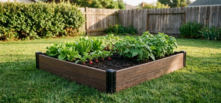 A recycled composite raised bed 42 inches square planted with lettuce, radishes, bush beans, and herbs in warm afternoon light