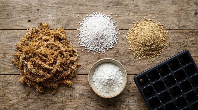 Overhead view of homemade seed starting mix ingredients on a wooden farmhouse table: sphagnum peat moss, perlite, vermiculite, and an empty plug tray