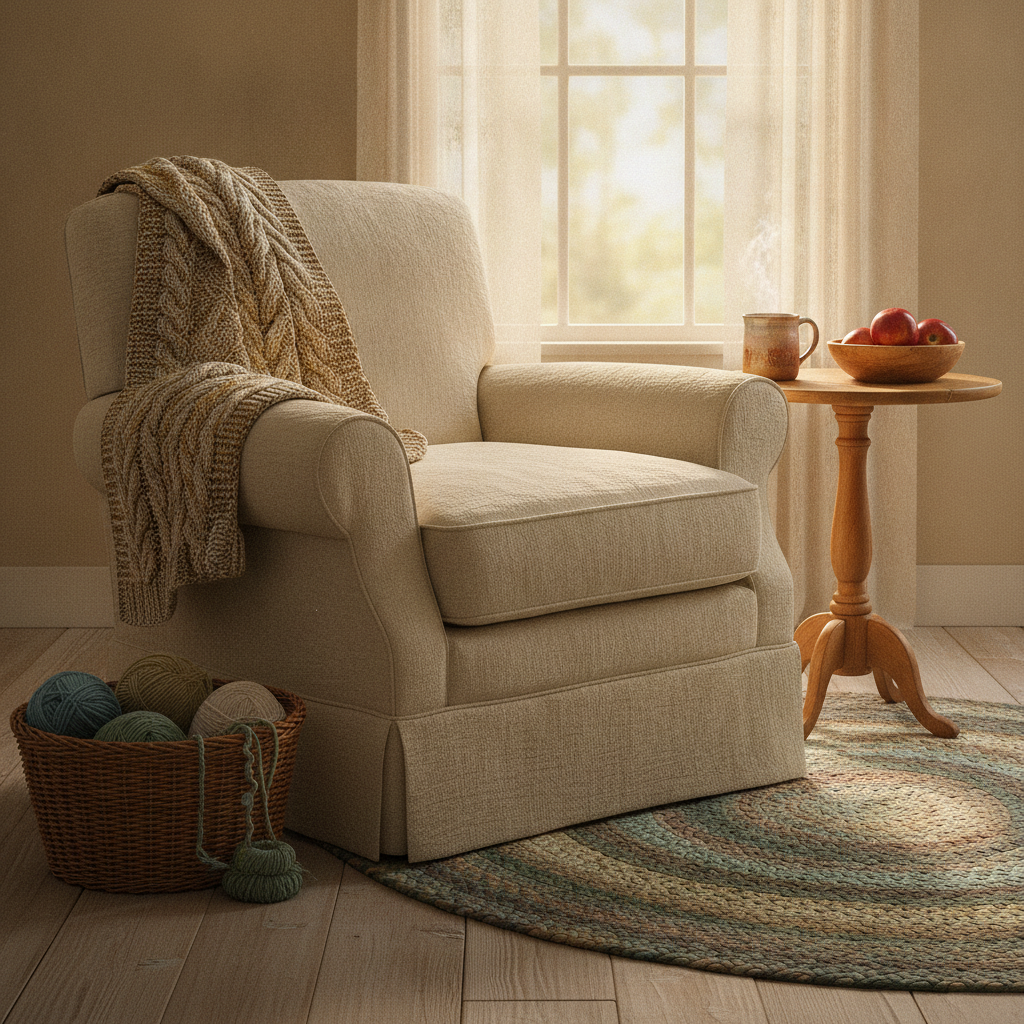 A cozy farmhouse reading nook with an overstuffed armchair, knitted throw, steaming mug, and bowl of apples beside a sunlit window