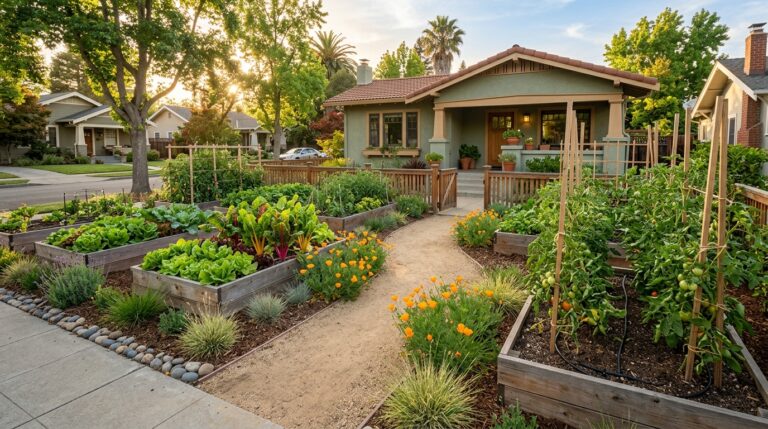 A tidy front yard vegetable garden in a suburban California neighborhood, with raised beds of lettuce, chard, and tomatoes bordered by low ornamental grasses and a decomposed granite path