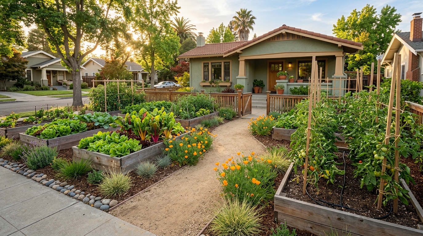 A tidy front yard vegetable garden in a suburban California neighborhood, with raised beds of lettuce, chard, and tomatoes bordered by low ornamental grasses and a decomposed granite path