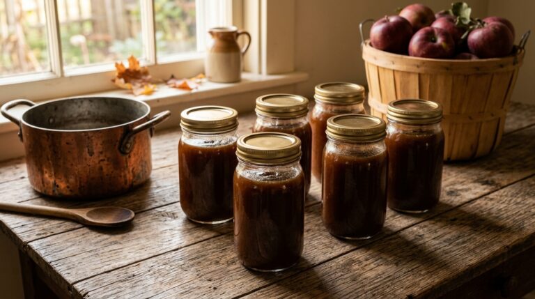 Six pint jars of freshly canned apple butter cooling on a wooden farmhouse table beside a copper stockpot and a bushel of Rome Beauty apples