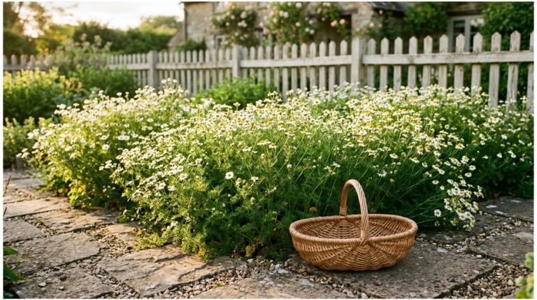 A wide farmhouse-garden bed in full bloom with hundreds of small white and yellow chamomile flowers in soft morning light, a woven willow harvest basket resting on a stone path in the foreground
