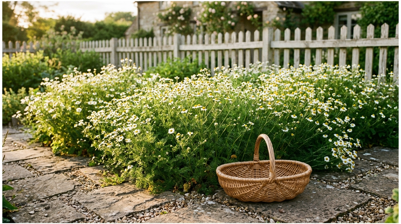 A wide farmhouse-garden bed in full bloom with hundreds of small white and yellow chamomile flowers in soft morning light, a woven willow harvest basket resting on a stone path in the foreground